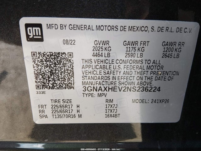 3GNAXHEV2NS236224 Chevrolet Equinox Fwd Ls