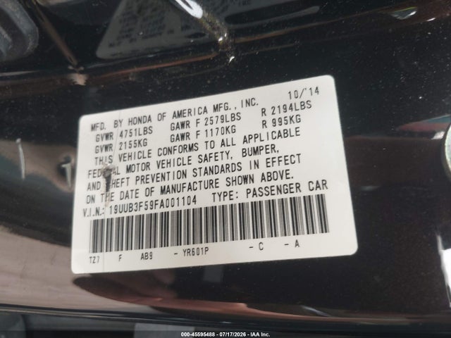 Продажа на аукционе авто 2015 Acura Tlx V6 Tech, vin: 19UUB3F59FA001104, номер лота: 45595488
