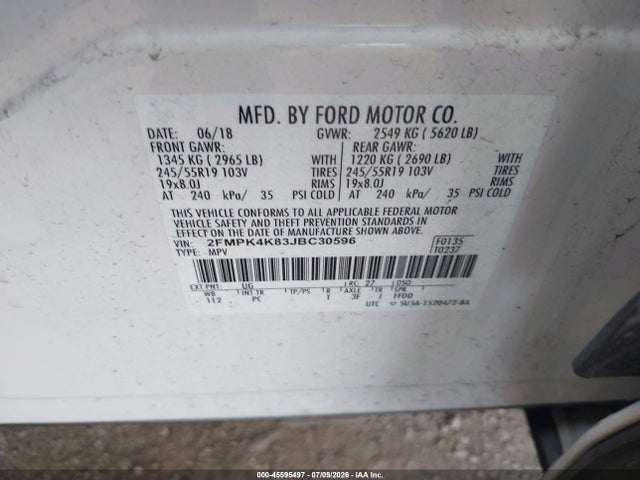 Aukcja sprzedaży 2018 Ford Edge Titanium, vin: 2FMPK4K83JBC30596, numer aukcji: 45595497