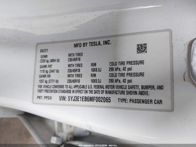 5YJ3E1EB6MF002065 Tesla Model 3 Long Range Dual Motor All-wheel Drive