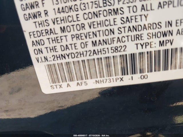 45595517 :رقم المزاد ، 2HNYD2H72AH515822 vin ، 2010 Acura Mdx Advance Package مزاد بيع