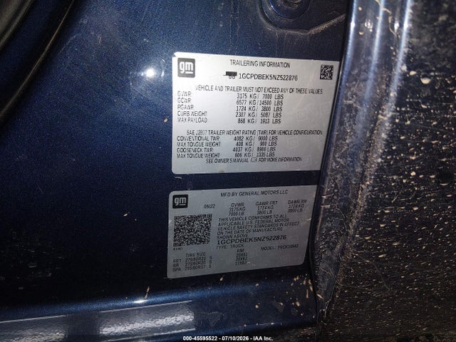 1GCPDBEK5NZ522876 Chevrolet Silverado 1500 4wd Short Bed Custom