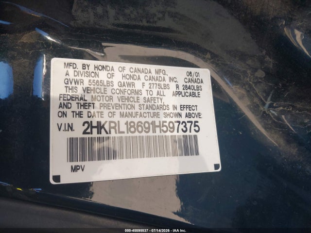 Aukcja sprzedaży 2001 Honda Odyssey Ex, vin: 2HKRL18691H597375, numer aukcji: 45595537