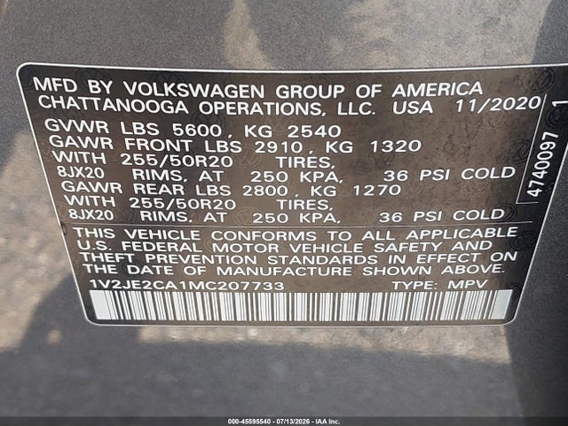 2021 Volkswagen Atlas Cross Sport 3.6l V6 Se W/technology მანქანა იყიდება აუქციონზე, vin: 1V2JE2CA1MC207733, აუქციონის ნომერი: 45595540
