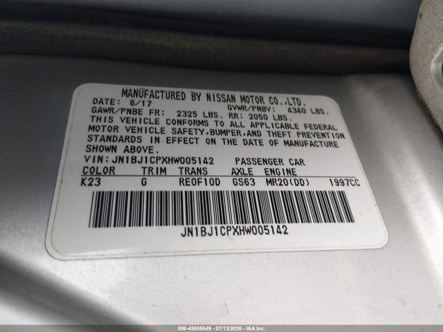 45595549 :رقم المزاد ، JN1BJ1CPXHW005142 vin ، 2017 Nissan Rogue Sport Sv مزاد بيع