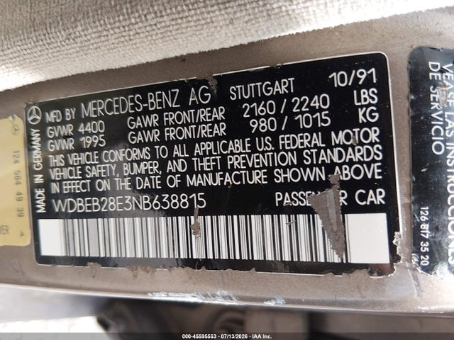 45595553 :رقم المزاد ، WDBEB28E3NB638815 vin ، 1992 Mercedes-benz 300 D مزاد بيع