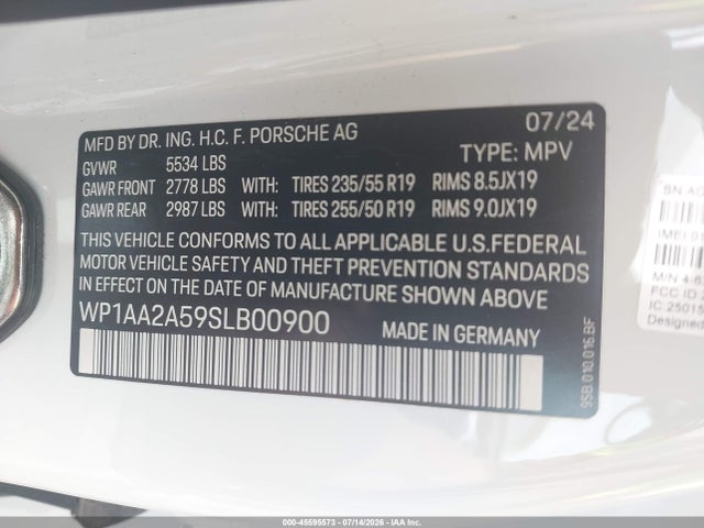 2025 Porsche Macan T მანქანა იყიდება აუქციონზე, vin: WP1AA2A59SLB00900, აუქციონის ნომერი: 45595573