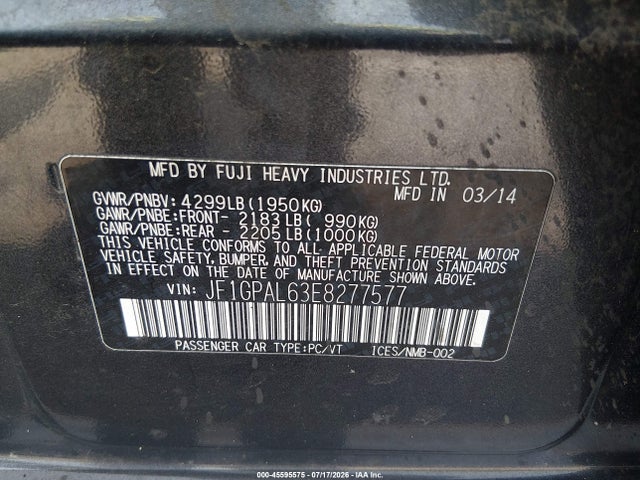 Продажа на аукционе авто 2014 Subaru Impreza 2.0i Sport Premium, vin: JF1GPAL63E8277577, номер лота: 45595575