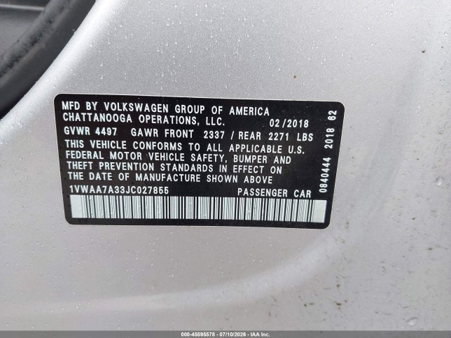 45595578 :رقم المزاد ، 1VWAA7A33JC027855 vin ، 2018 Volkswagen Passat 2.0t R-line/2.0t S مزاد بيع