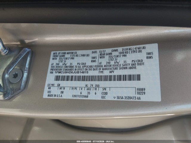 1FMCU9HD6JUB14815 Ford ESCAPE SEL