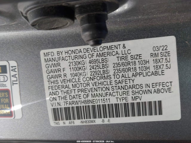 7FARW1H88NE011511 Honda Cr-v 2wd Ex-l