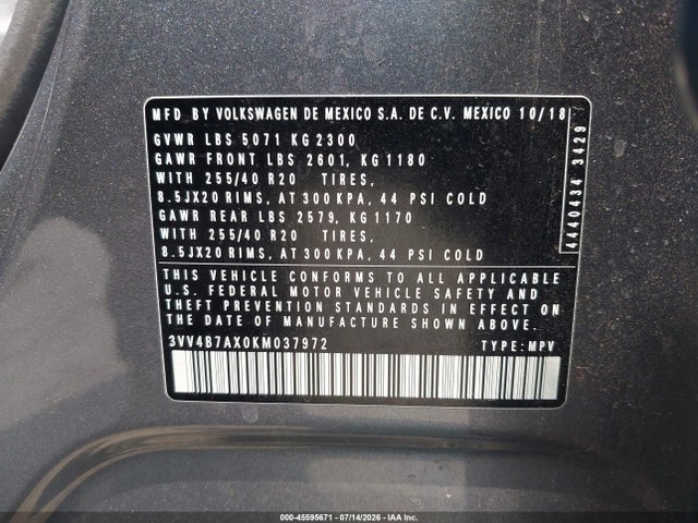 Aukcja sprzedaży 2019 Volkswagen Tiguan 2.0t Sel Premium/2.0t Sel Premium R-line, vin: 3VV4B7AX0KM037972, numer aukcji: 45595671