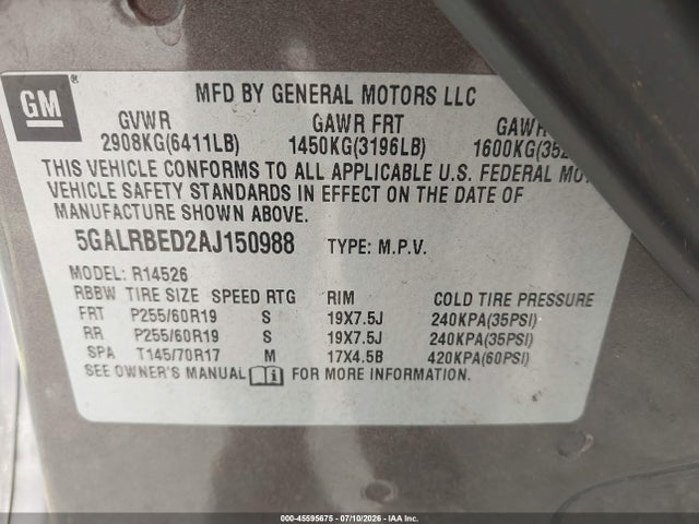Продаж на аукціоні авто 2010 Buick Enclave 1xl, vin: 5GALRBED2AJ150988, номер лоту: 45595675