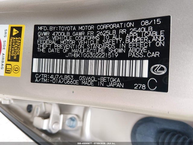 Продажа на аукционе авто 2016 Lexus Es 350, vin: JTHBK1GG3G2221519, номер лота: 45595677