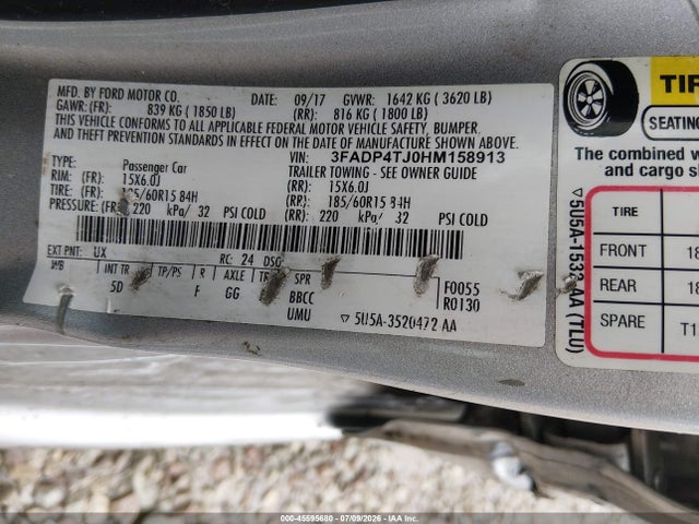 2017 Ford Fiesta S მანქანა იყიდება აუქციონზე, vin: 3FADP4TJ0HM158913, აუქციონის ნომერი: 45595680