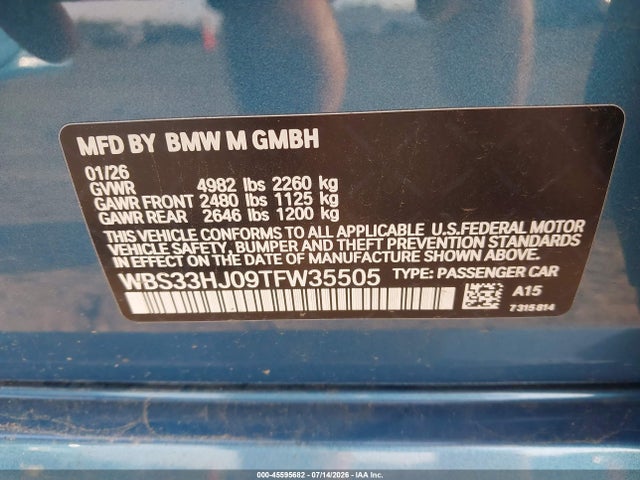 2026 Bmw M3 Competition Xdrive მანქანა იყიდება აუქციონზე, vin: WBS33HJ09TFW35505, აუქციონის ნომერი: 45595682