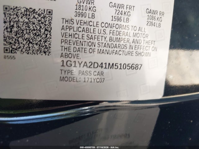 Aukcja sprzedaży 2021 Chevrolet Corvette Stingray Rwd  1lt, vin: 1G1YA2D41M5105687, numer aukcji: 45595709