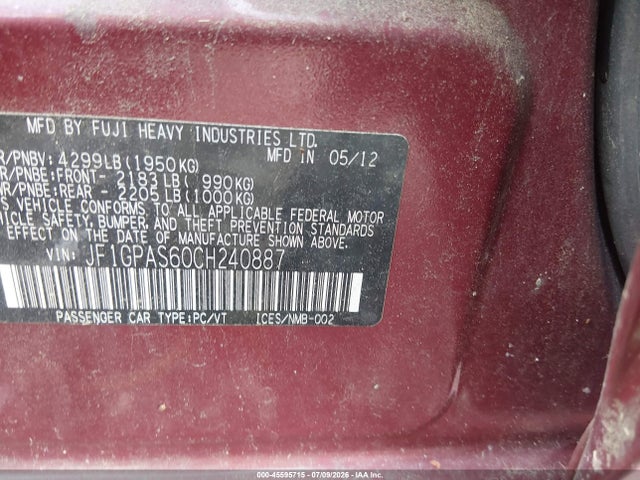 45595715 :رقم المزاد ، JF1GPAS60CH240887 vin ، 2012 Subaru Impreza 2.0i Sport Limited مزاد بيع