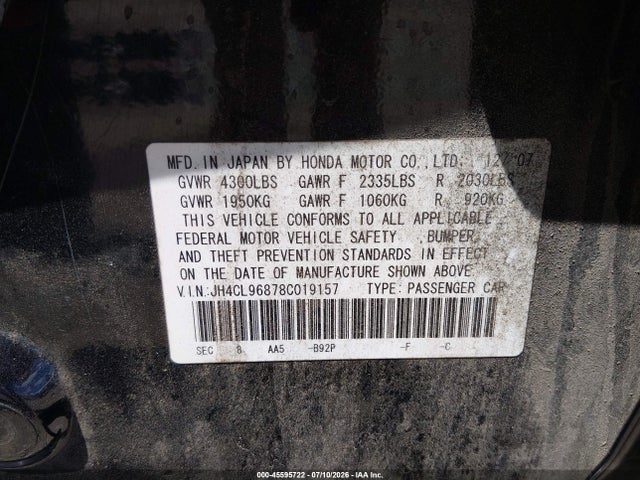45595722 :رقم المزاد ، JH4CL96878C019157 vin ، 2008 Acura Tsx مزاد بيع