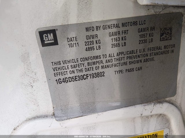 Продажа на аукционе авто 2012 Buick Lacrosse Premium 1 Group, vin: 1G4GD5E30CF193802, номер лота: 45595726