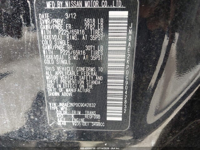 45595735 :رقم المزاد ، JN8AE2KP0C9042832 vin ، 2012 Nissan Quest S مزاد بيع