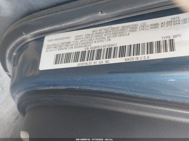 45595742 :رقم المزاد ، 4S4BP61CX87353411 vin ، 2008 Subaru Outback (natl) I/ll Bean W/nav/ll Bean W/nav/vdc مزاد بيع