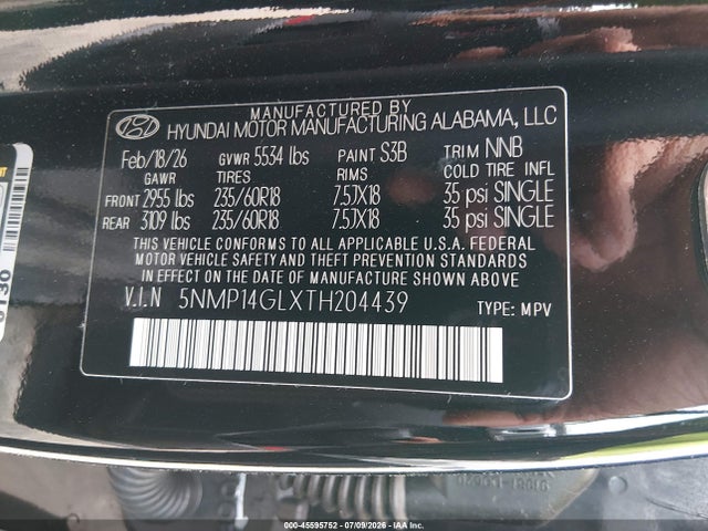 45595752 :رقم المزاد ، 5NMP14GLXTH204439 vin ، 2026 Hyundai Santa Fe Se مزاد بيع
