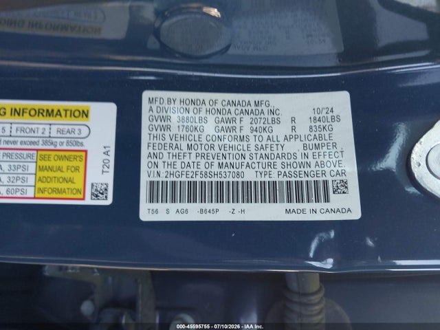 Продаж на аукціоні авто 2025 Honda Civic Sport, vin: 2HGFE2F58SH537080, номер лоту: 45595755