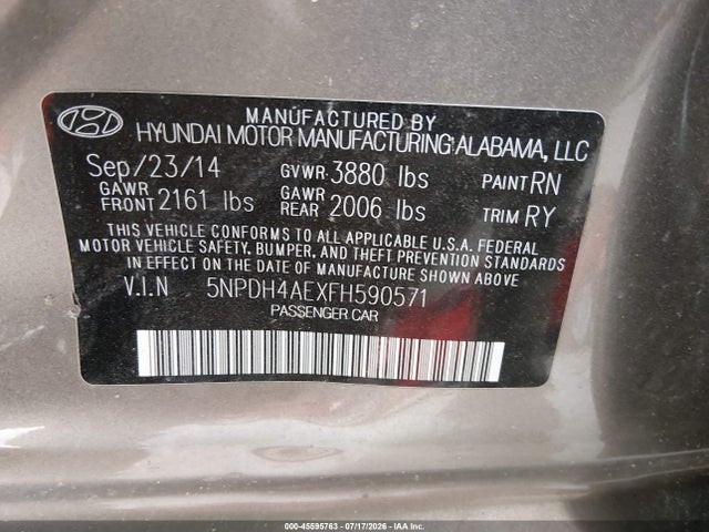 Hyundai ELANTRA SE 2015 5NPDH4AEXFH590571 Image 9
