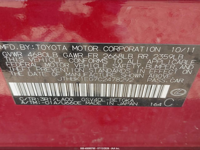 Продаж на аукціоні авто 2012 Lexus Es 350, vin: JTHBK1EG7C2478292, номер лоту: 45595765