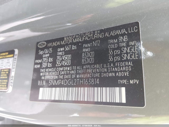 2026 Hyundai Santa Fe Limited 7 Passenger მანქანა იყიდება აუქციონზე, vin: 5NMP4DGL2TH163814, აუქციონის ნომერი: 45595770