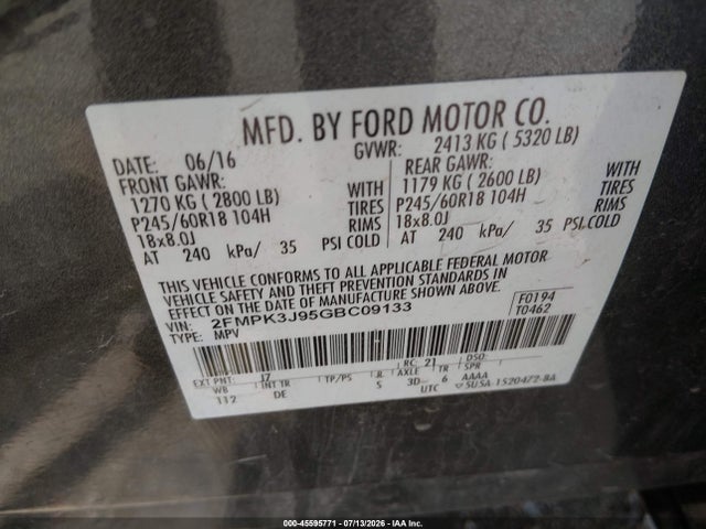 Ford EDGE SEL 2016 2FMPK3J95GBC09133 Image 9