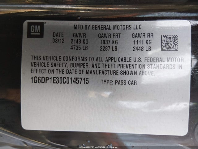 Продажа на аукционе авто 2012 Cadillac Cts Premium, vin: 1G6DP1E30C0145715, номер лота: 45595773