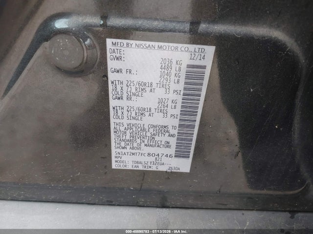 Продаж на аукціоні авто 2015 Nissan Rogue S/sl/sv, vin: 5N1AT2MT7FC804746, номер лоту: 45595783