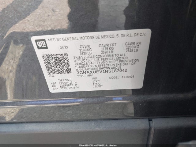 Aukcja sprzedaży 2022 Chevrolet Equinox Awd Lt, vin: 3GNAXUEV1NS187042, numer aukcji: 45595785