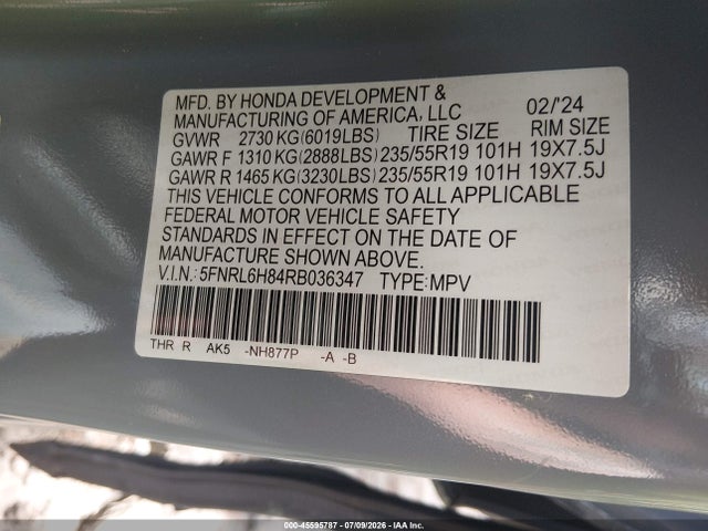 Продаж на аукціоні авто 2024 Honda Odyssey Touring, vin: 5FNRL6H84RB036347, номер лоту: 45595787