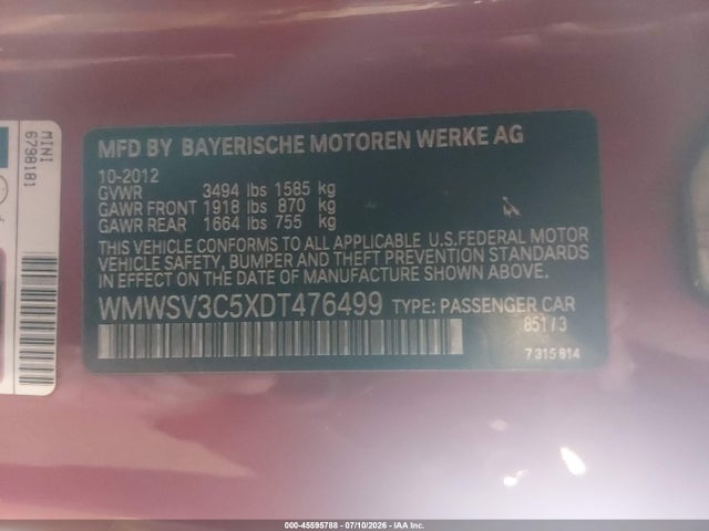 Продаж на аукціоні авто 2013 Mini Hardtop Cooper S, vin: WMWSV3C5XDT476499, номер лоту: 45595788