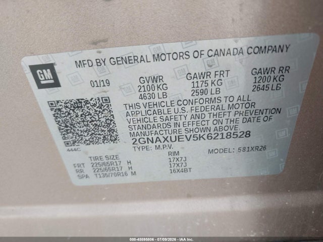45595806 :رقم المزاد ، 2GNAXUEV5K6218528 vin ، 2019 Chevrolet Equinox Lt مزاد بيع