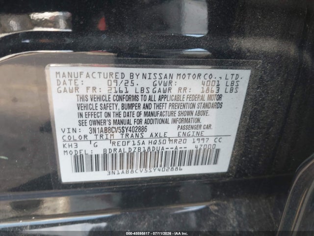 Продаж на аукціоні авто 2025 Nissan Sentra Sv, vin: 3N1AB8CV5SY402886, номер лоту: 45595817