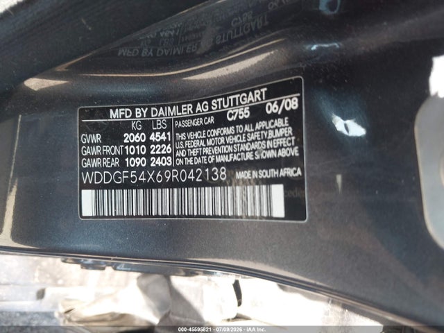 45595821 :رقم المزاد ، WDDGF54X69R042138 vin ، 2009 Mercedes-benz C 300 Sport مزاد بيع