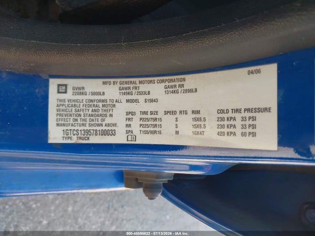 45595822 :رقم المزاد ، 1GTCS139578100033 vin ، 2007 Gmc Canyon Sle1 مزاد بيع