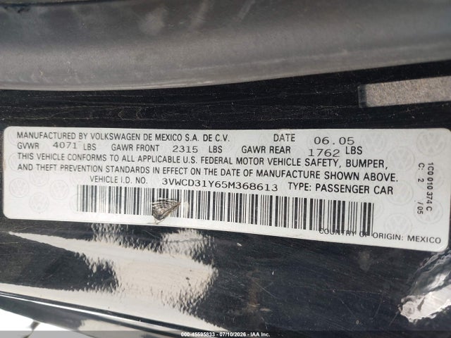 Продажа на аукционе авто 2005 Volkswagen New Beetle Gls 1.8t, vin: 3VWCD31Y65M368613, номер лота: 45595833