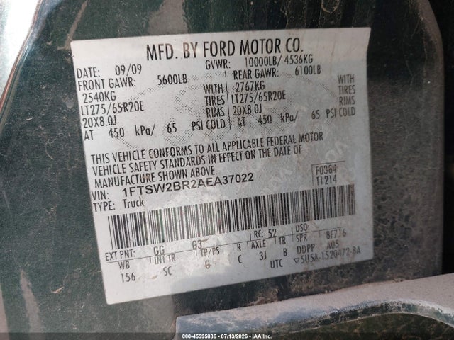 Aukcja sprzedaży 2010 Ford Super Duty F-250 Srw Cabelas/harley-davidson/king Ranch/lariat/xl/xlt, vin: 1FTSW2BR2AEA37022, numer aukcji: 45595836