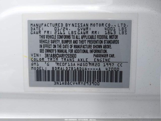 Продажа на аукционе авто 2024 Nissan Sentra Sv Xtronic Cvt, vin: 3N1AB8CV4RY293900, номер лота: 45595858