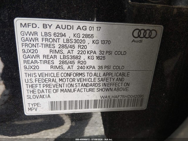 2017 Audi Q7 2.0t Premium მანქანა იყიდება აუქციონზე, vin: WA1LHAF75HD042095, აუქციონის ნომერი: 45595872