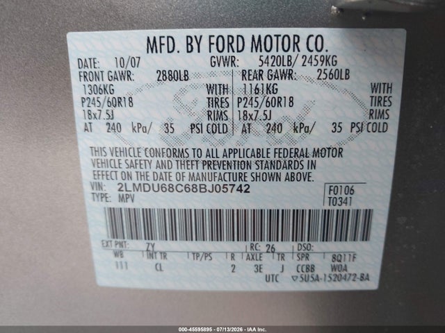 45595895 :رقم المزاد ، 2LMDU68C68BJ05742 vin ، 2008 Lincoln Mkx مزاد بيع