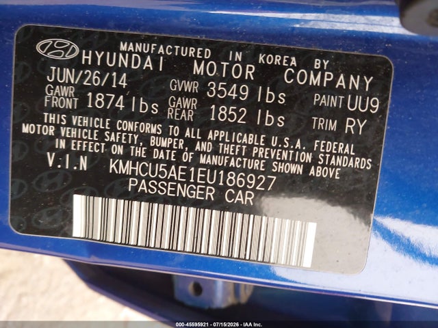 Aukcja sprzedaży 2014 Hyundai Accent Se, vin: KMHCU5AE1EU186927, numer aukcji: 45595921