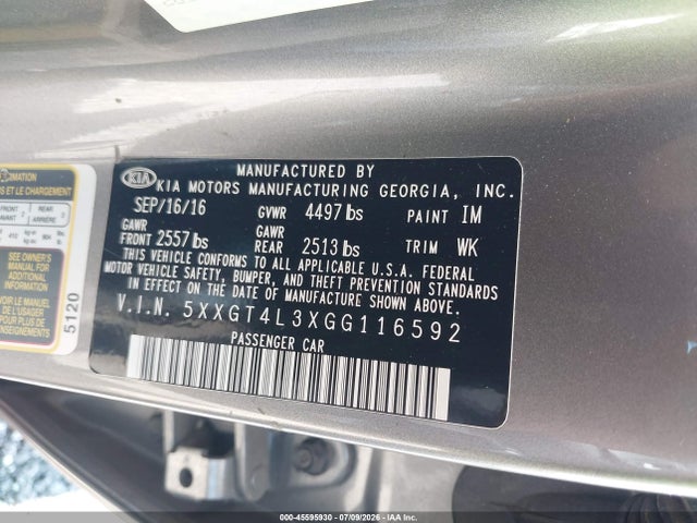 Aukcja sprzedaży 2016 Kia Optima Lx, vin: 5XXGT4L3XGG116592, numer aukcji: 45595930