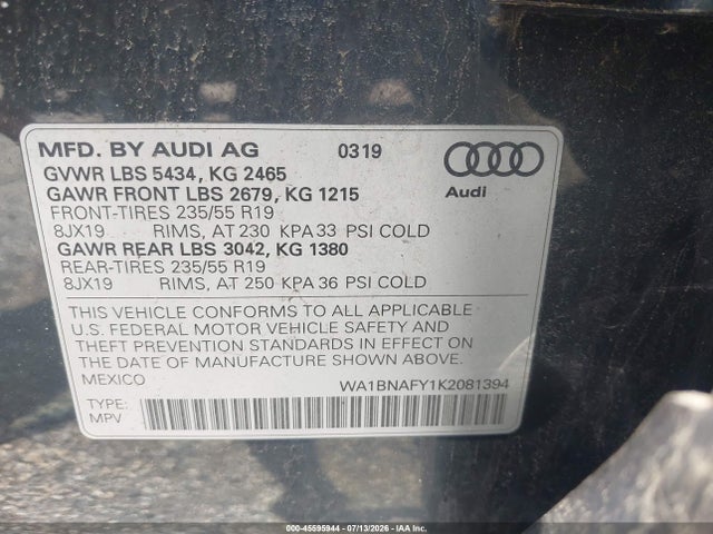Aukcja sprzedaży 2019 Audi Q5 45 Premium, vin: WA1BNAFY1K2081394, numer aukcji: 45595944