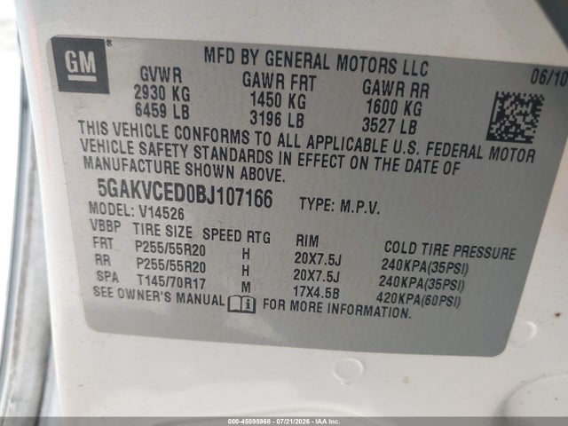 45595968 :رقم المزاد ، 5GAKVCED0BJ107166 vin ، 2011 Buick Enclave 2xl مزاد بيع